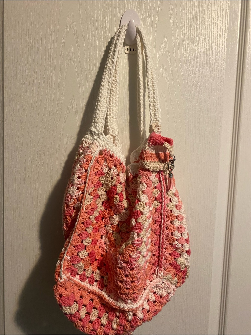 Handmade Crochet Tote Bag in Pink, Coral & Cream